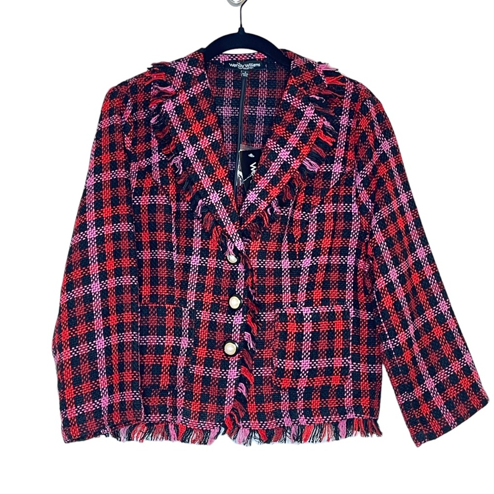 Wendy Williams Tweed Blazer Red Plaid Pink Boucle Lady Jacket Fall SZ Small